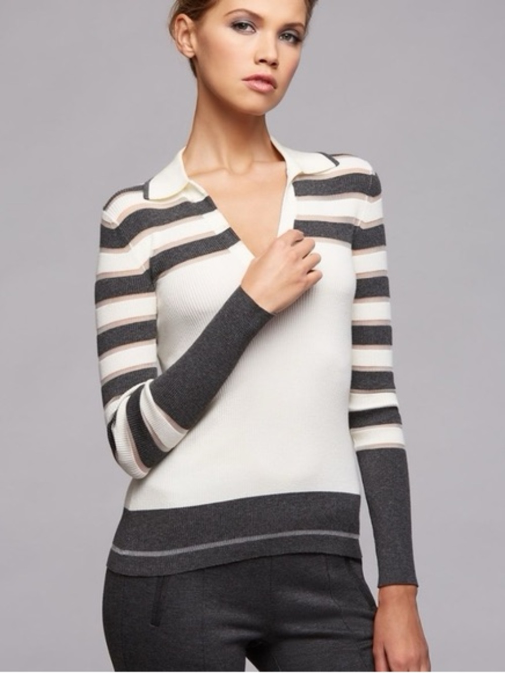 EUC Bailey 44 Genevieve Striped Polo Collar Long Sleeve Ribbed Sweater